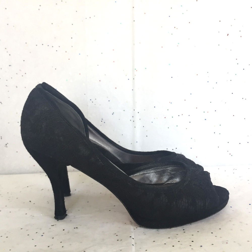 Via Spiga Black Lace D'orsay Platform Pump - Size 8.5 Medium Black Tie Peep Toe - Picture 2 of 12